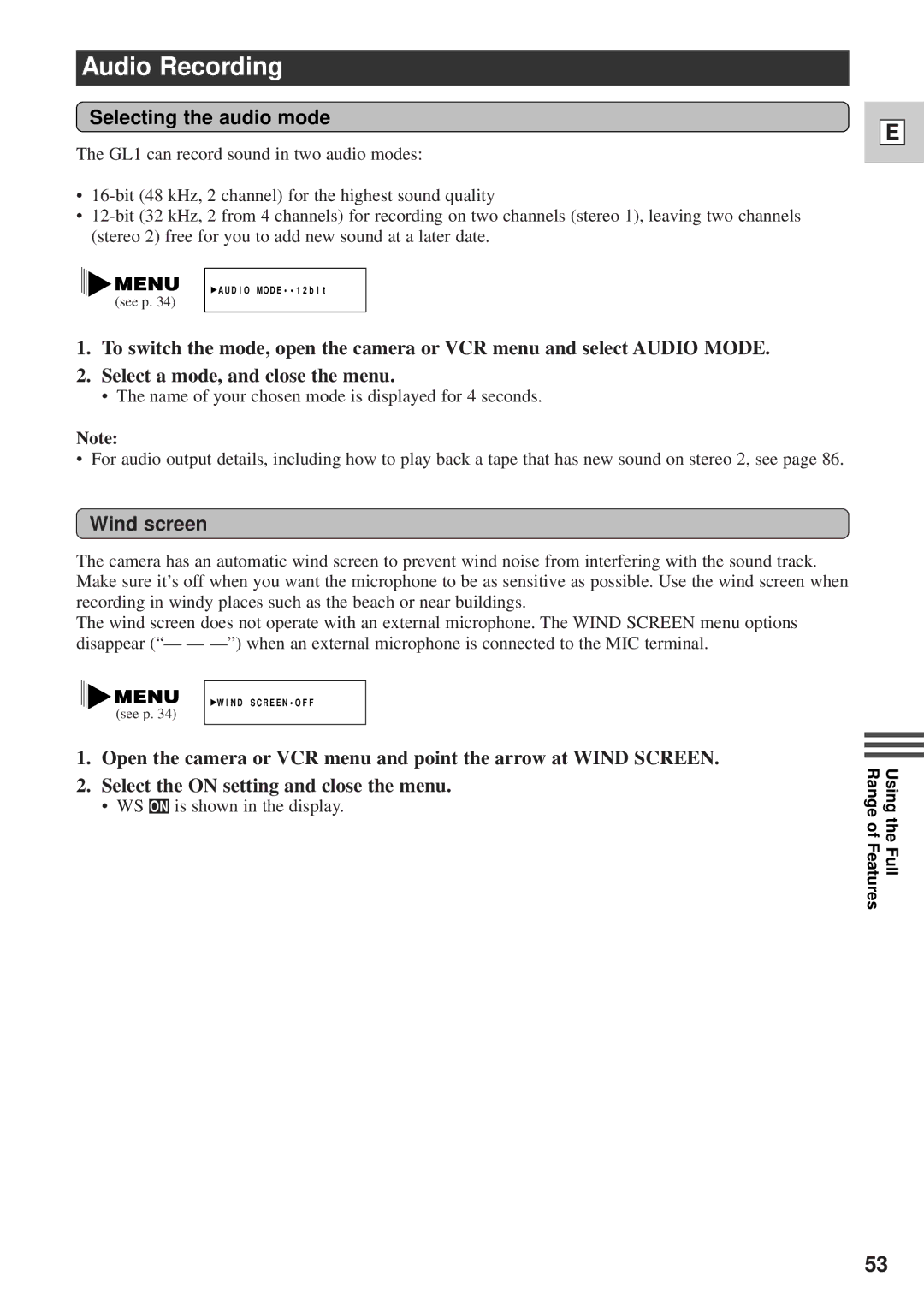 Canon DM-GL1 instruction manual Audio Recording, Selecting the audio mode, Wind screen 