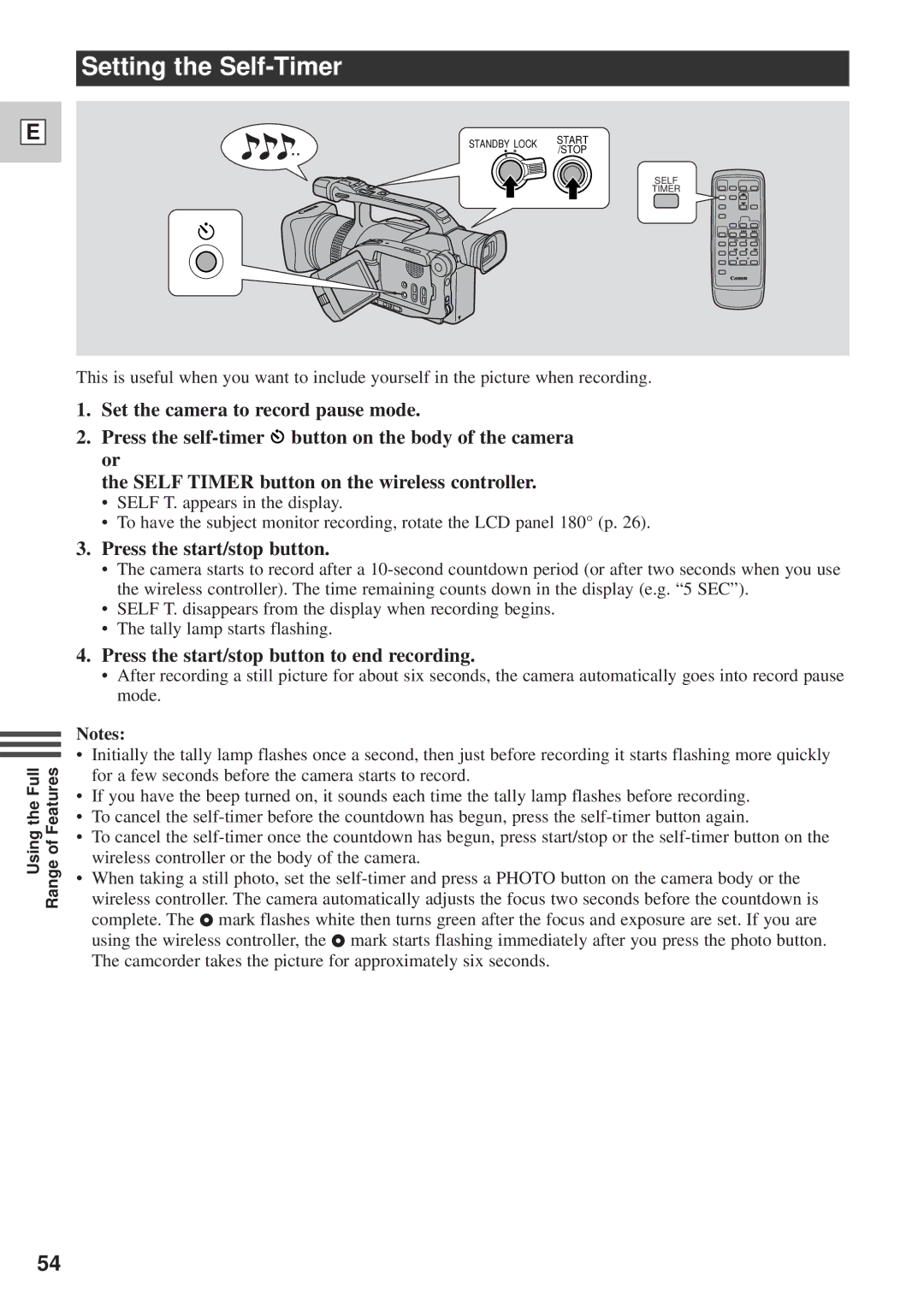 Canon DM-GL1 instruction manual Setting the Self-Timer, Press the start/stop button to end recording 