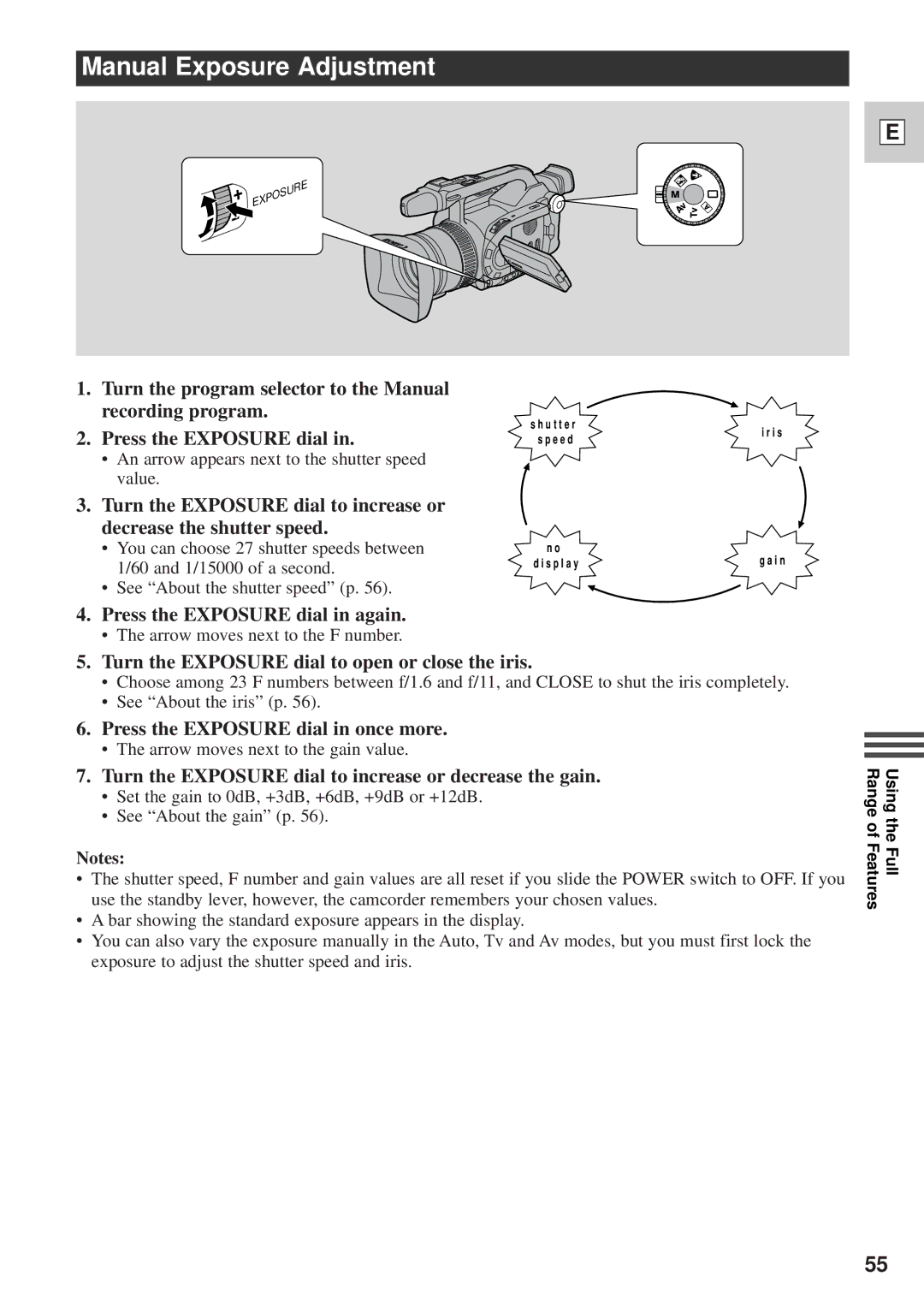 Canon DM-GL1 Manual Exposure Adjustment, Press the Exposure dial in again, Press the Exposure dial in once more 