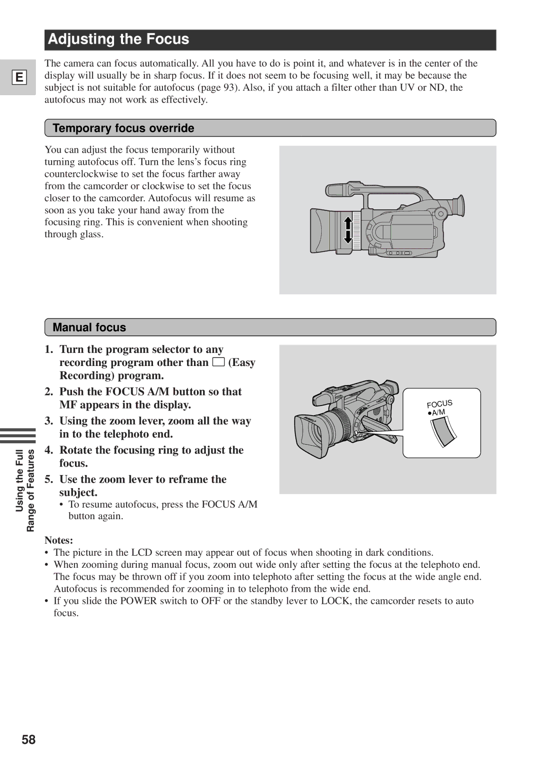 Canon DM-GL1 instruction manual Adjusting the Focus, Temporary focus override, Manual focus 