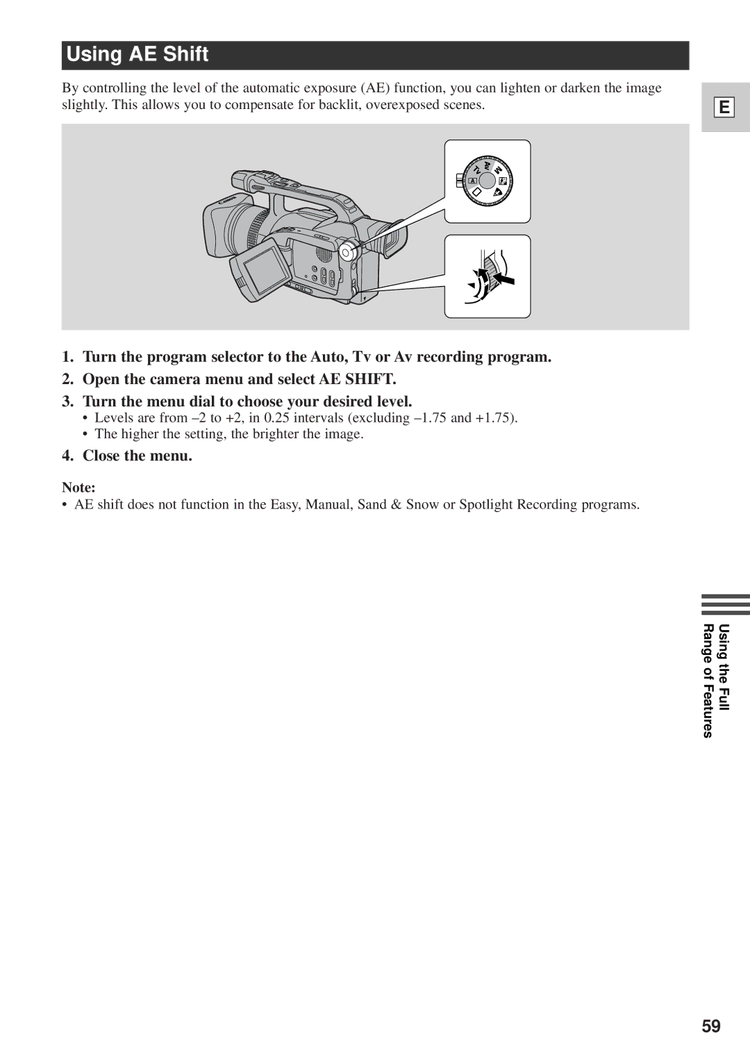 Canon DM-GL1 instruction manual Using AE Shift, Close the menu 