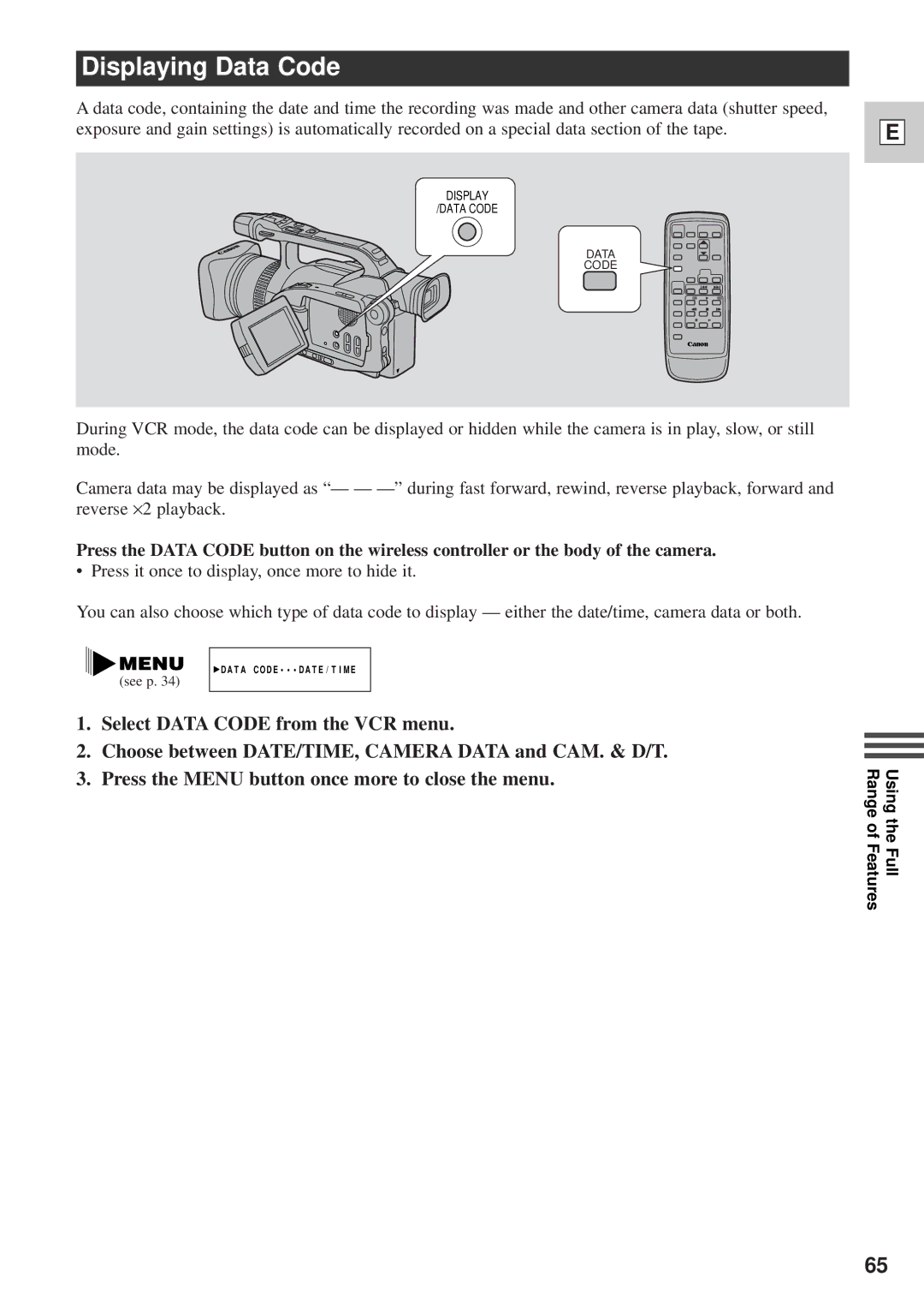 Canon DM-GL1 instruction manual Displaying Data Code 