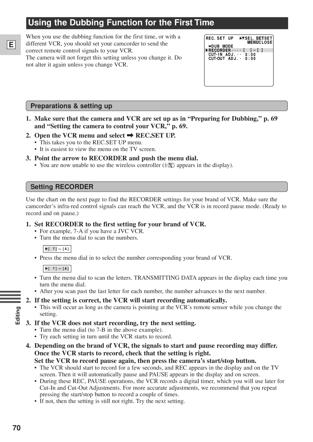 Canon DM-GL1 instruction manual Using the Dubbing Function for the First Time, Preparations & setting up, Setting Recorder 