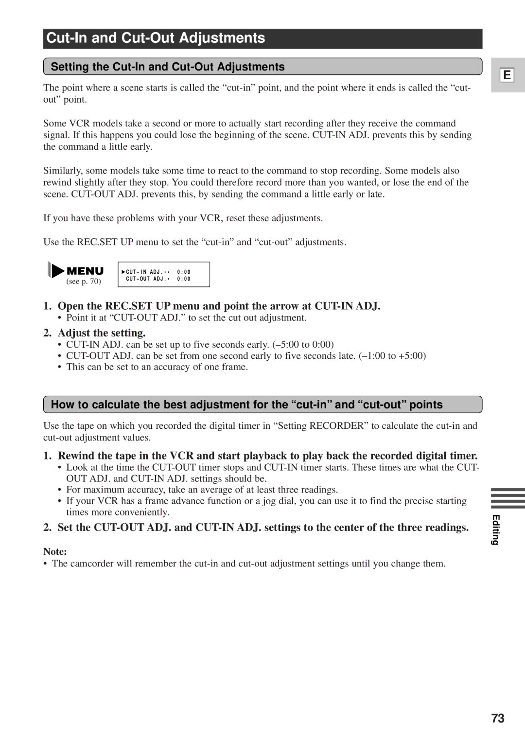 Canon DM-GL1 Setting the Cut-In and Cut-Out Adjustments, Open the REC.SET UP menu and point the arrow at CUT-IN ADJ 