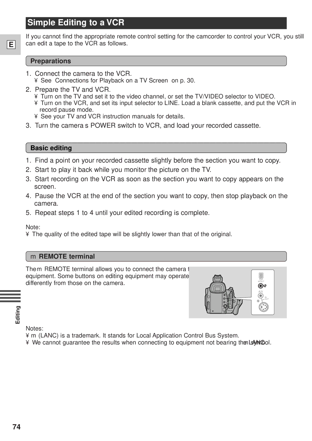 Canon DM-GL1 Simple Editing to a VCR, Preparations, Prepare the TV and VCR, Basic editing, Remote terminal 