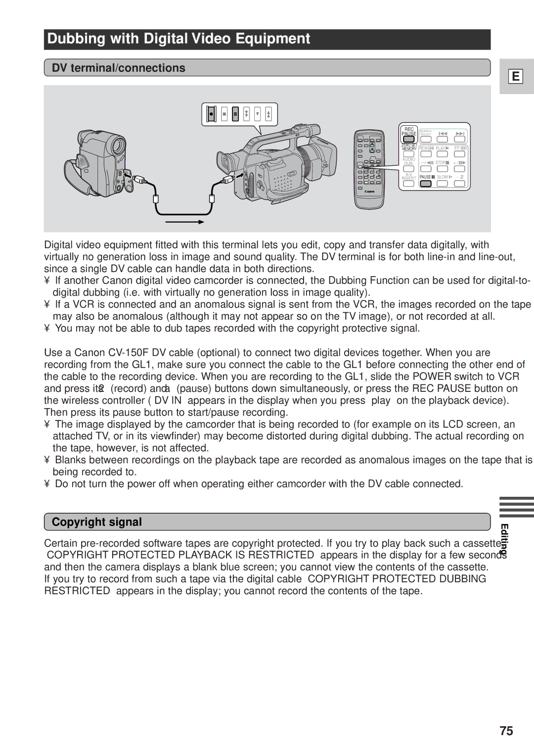 Canon DM-GL1 instruction manual Dubbing with Digital Video Equipment, DV terminal/connections, Copyright signal 