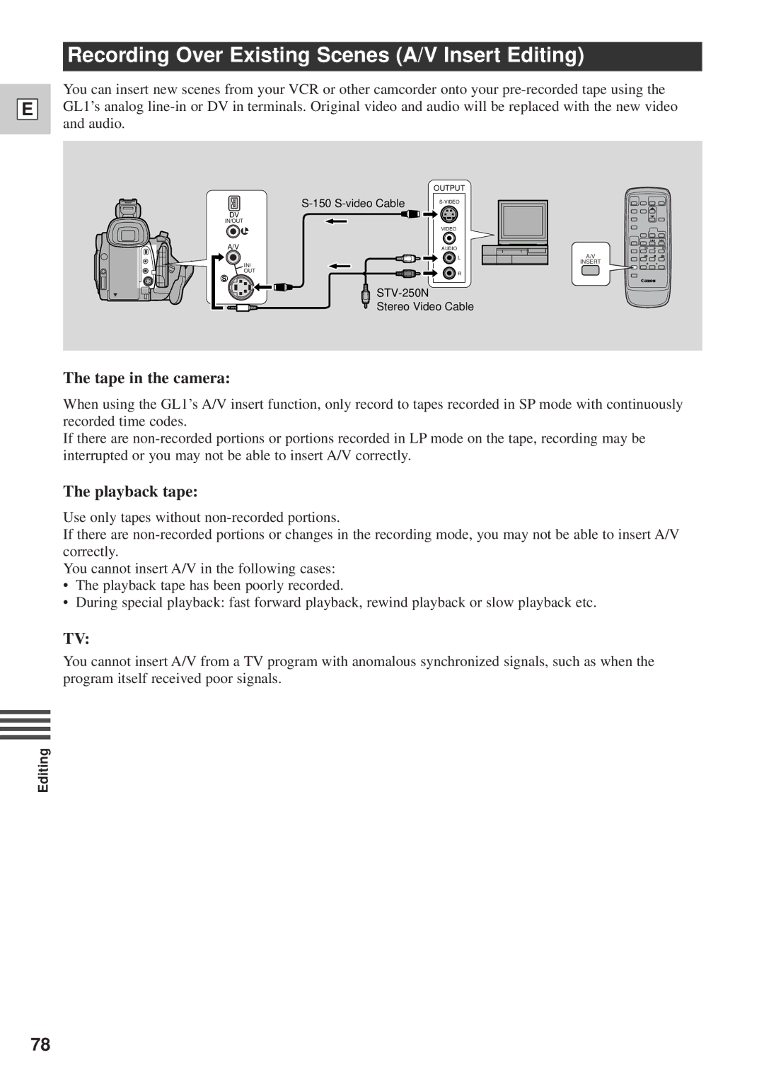 Canon DM-GL1 instruction manual Recording Over Existing Scenes A/V Insert Editing, Tape in the camera, Playback tape 