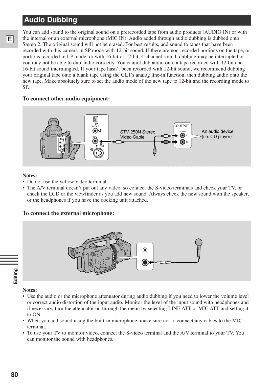 Canon DM-GL1 instruction manual Audio Dubbing, To connect other audio equipment, To connect the external microphone 