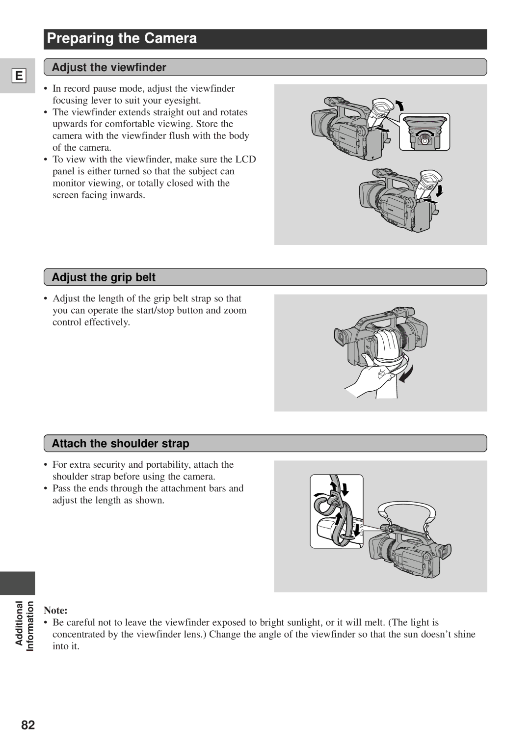 Canon DM-GL1 Preparing the Camera, Adjust the viewfinder, Adjust the grip belt, Attach the shoulder strap 