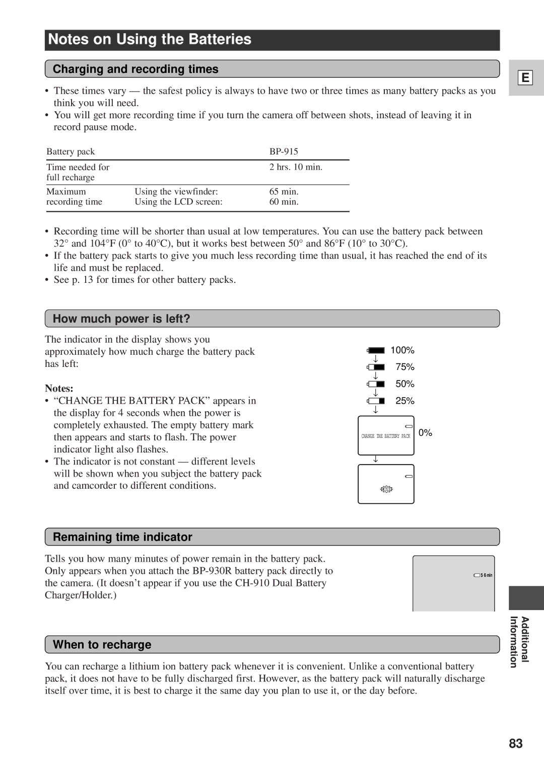 Canon DM-GL1 Charging and recording times, How much power is left?, Remaining time indicator, When to recharge 