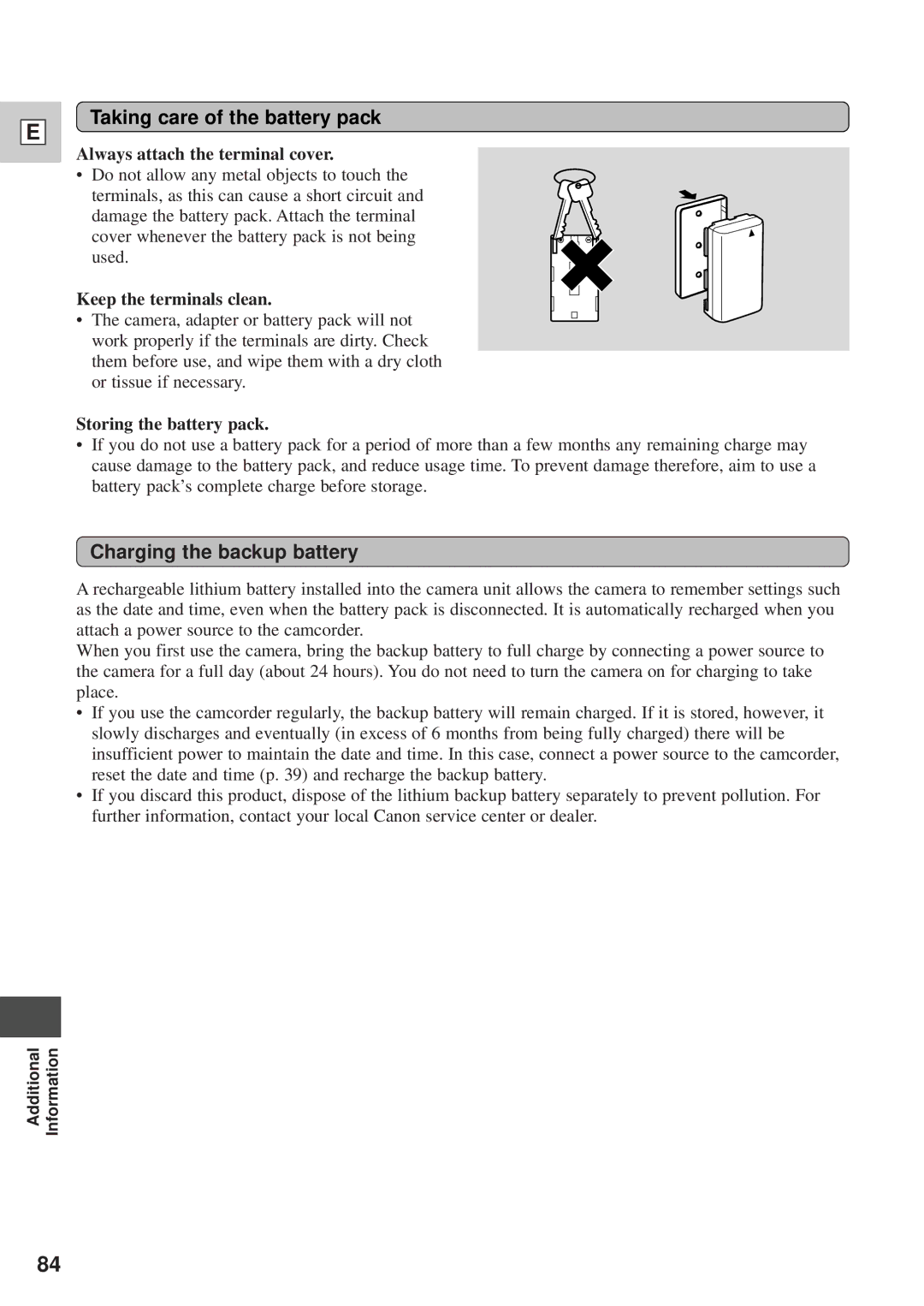Canon DM-GL1 Taking care of the battery pack, Charging the backup battery, Always attach the terminal cover 