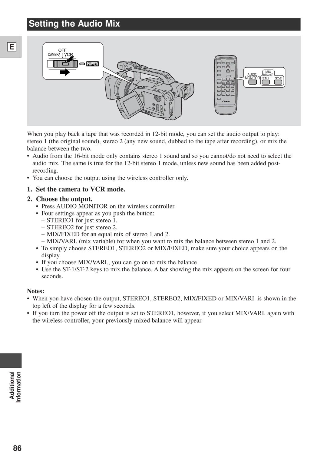 Canon DM-GL1 instruction manual Setting the Audio Mix, Set the camera to VCR mode Choose the output 