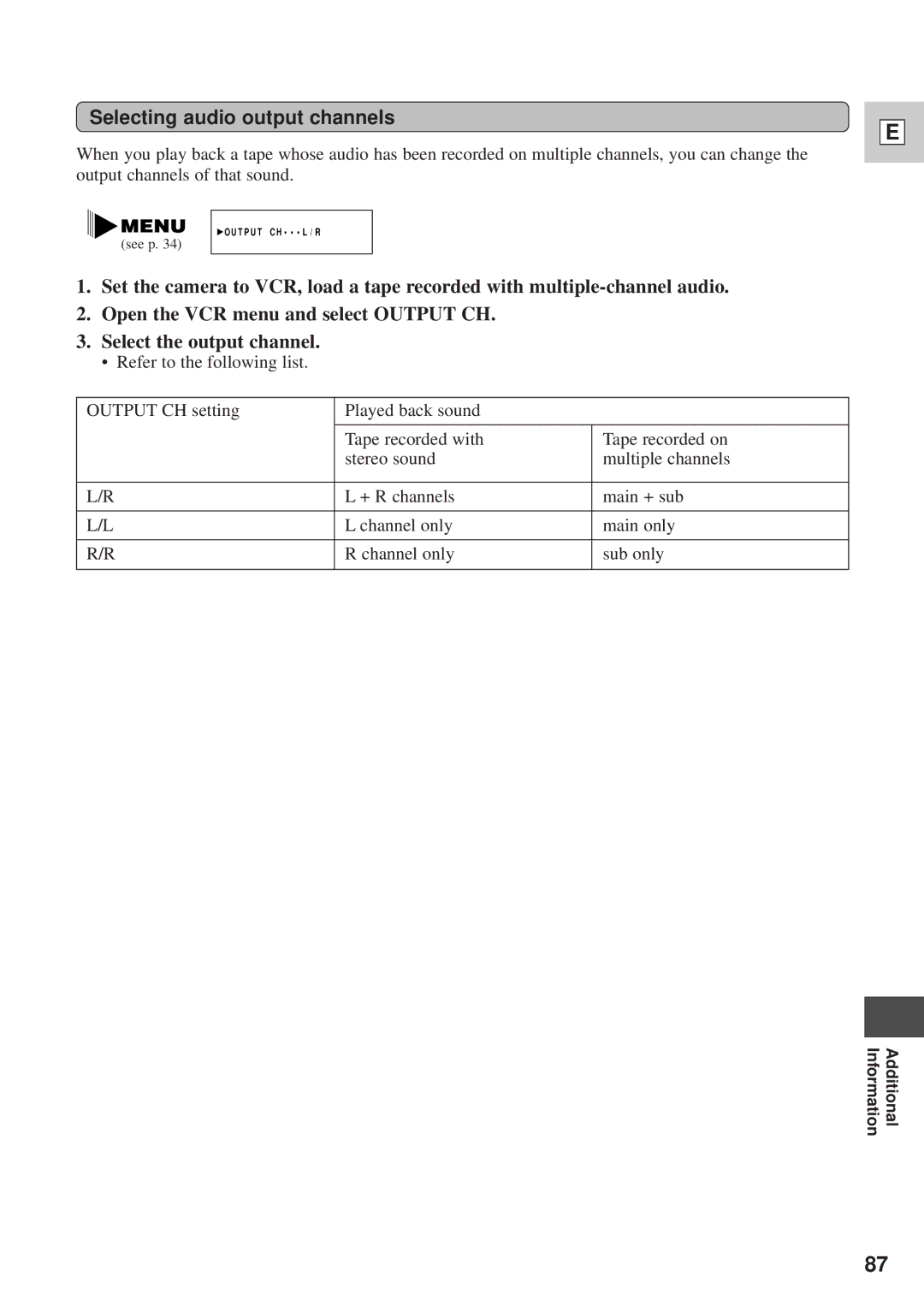 Canon DM-GL1 instruction manual Selecting audio output channels 