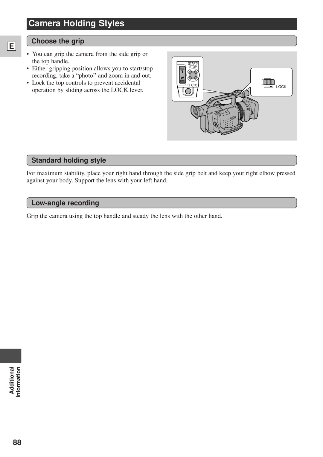 Canon DM-GL1 instruction manual Camera Holding Styles, Choose the grip, Standard holding style, Low-angle recording 