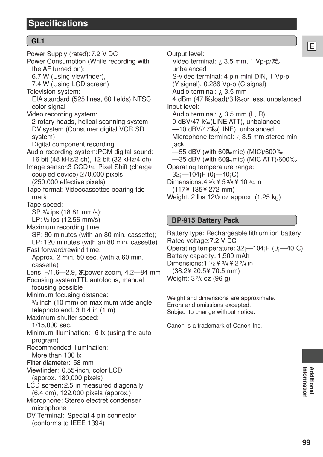 Canon DM-GL1 instruction manual Specifications, BP-915 Battery Pack 