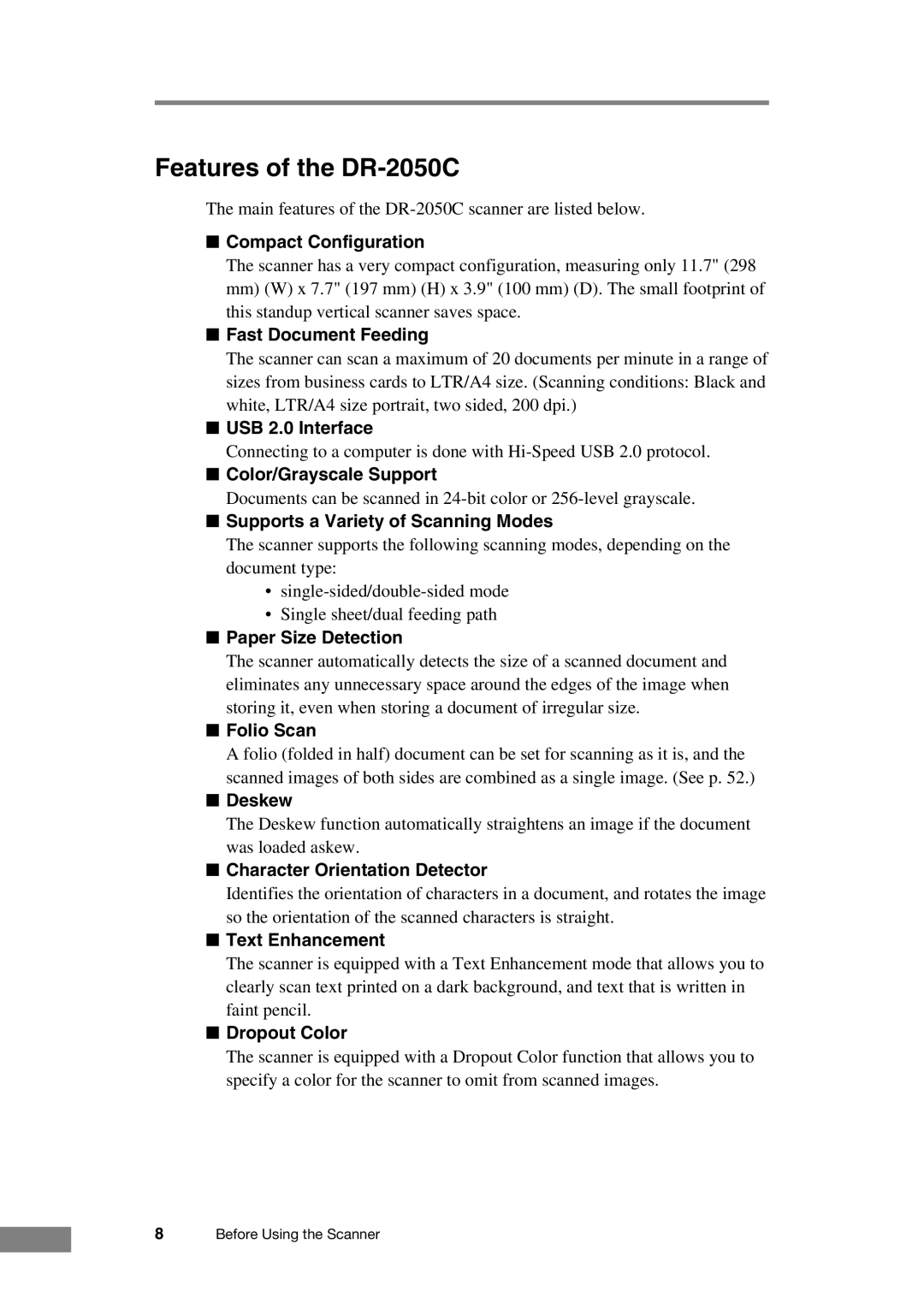 Canon manual Features of the DR-2050C, Compact Configuration 