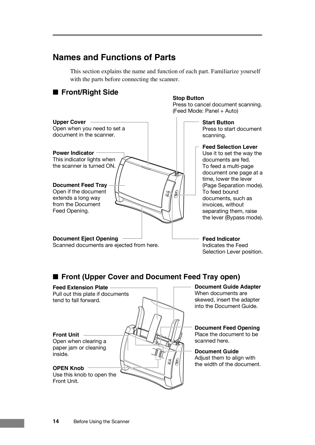 Canon DR-2050C manual Names and Functions of Parts, Front/Right Side, Front Upper Cover and Document Feed Tray open 