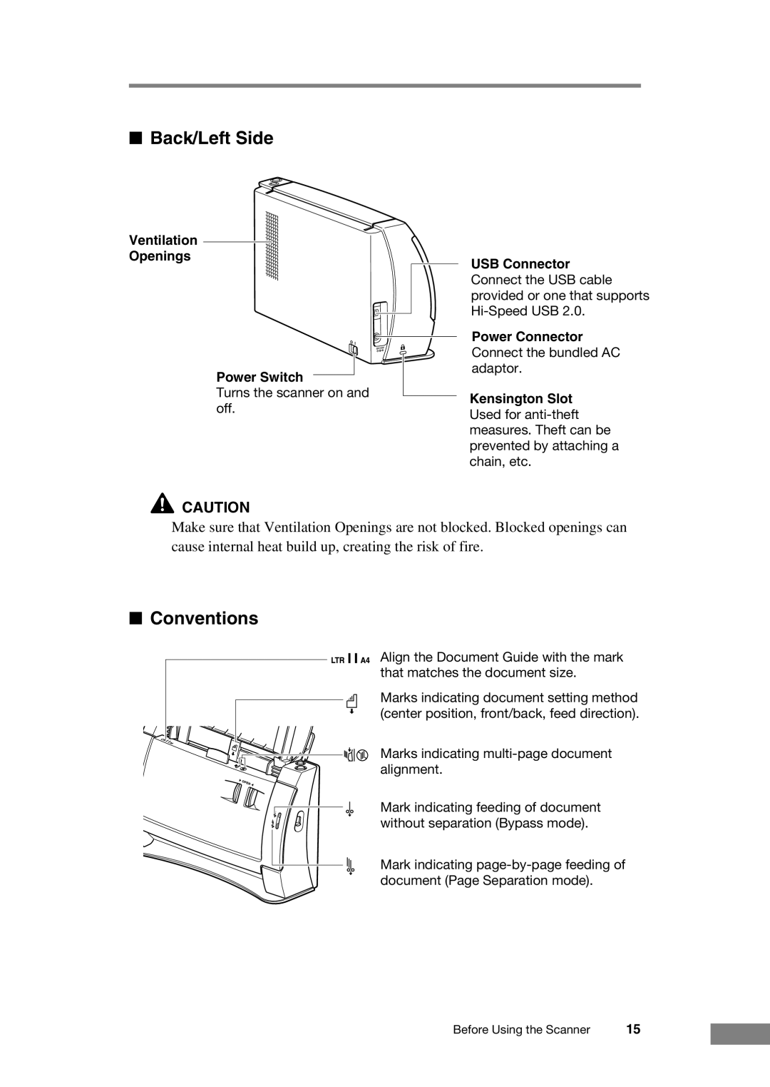 Canon DR-2050C manual Back/Left Side, Conventions 