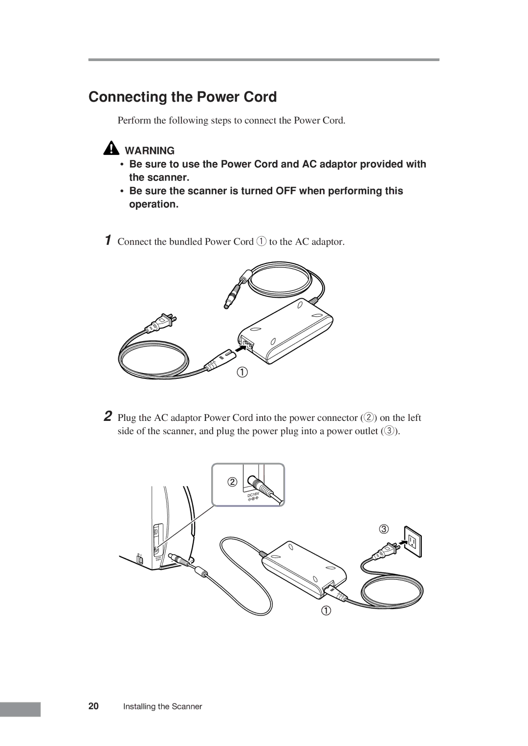 Canon DR-2050C manual Connecting the Power Cord 