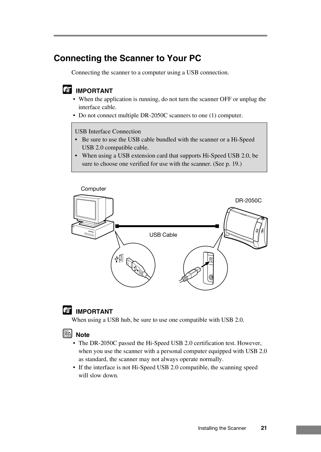 Canon DR-2050C manual Connecting the Scanner to Your PC 