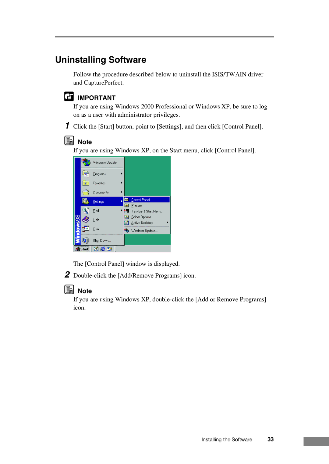 Canon DR-2050C manual Uninstalling Software 