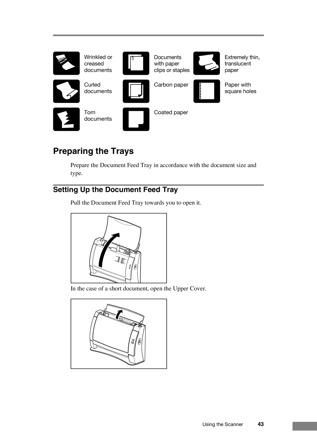 Canon DR-2050C manual Preparing the Trays, Setting Up the Document Feed Tray 