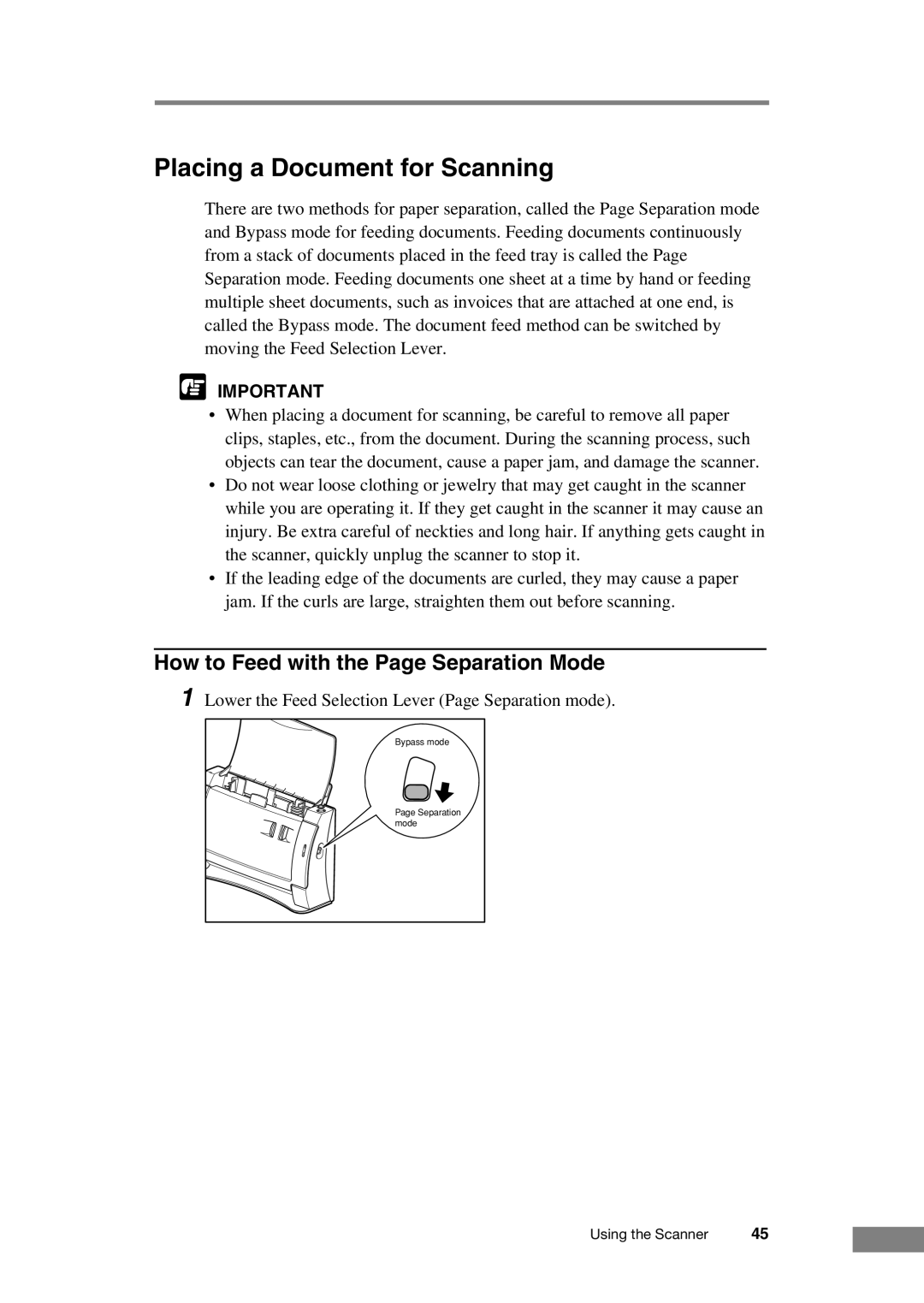 Canon DR-2050C manual Placing a Document for Scanning, How to Feed with the Page Separation Mode 