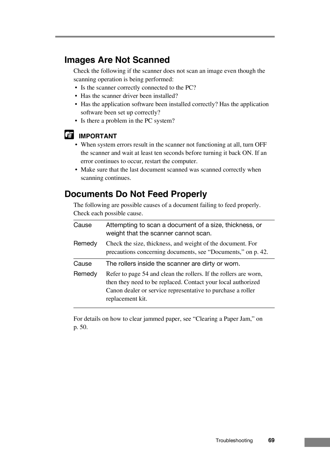 Canon DR-2050C manual Images Are Not Scanned, Documents Do Not Feed Properly 