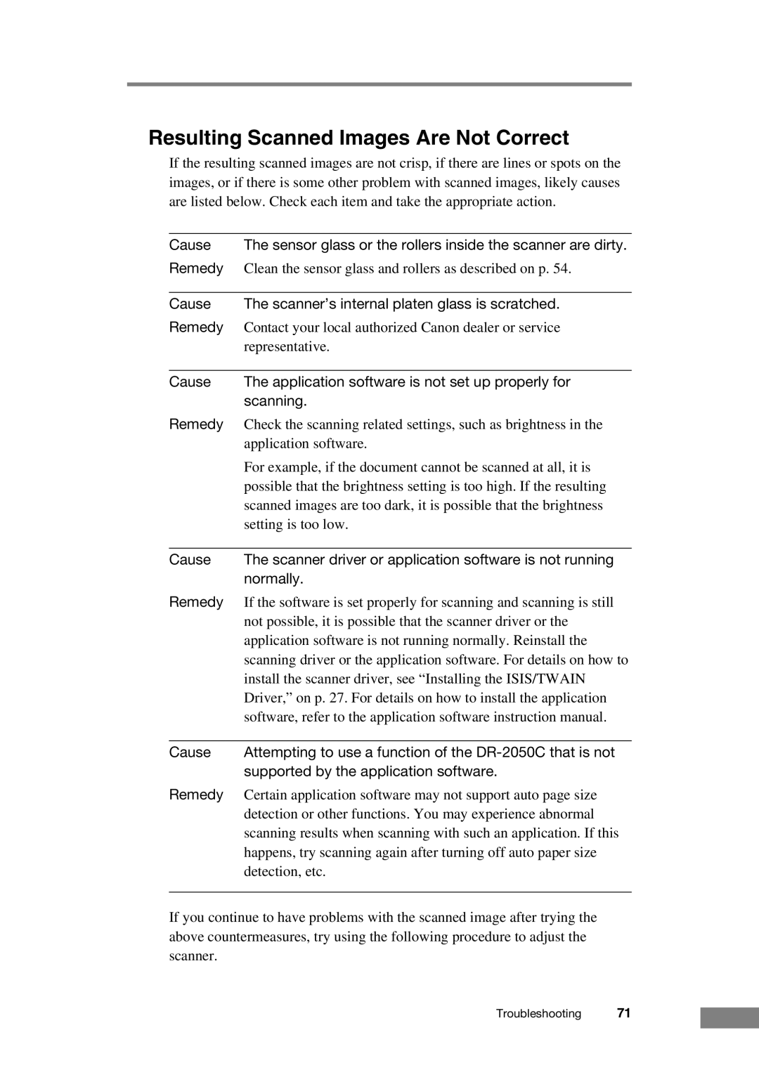 Canon DR-2050C manual Resulting Scanned Images Are Not Correct 