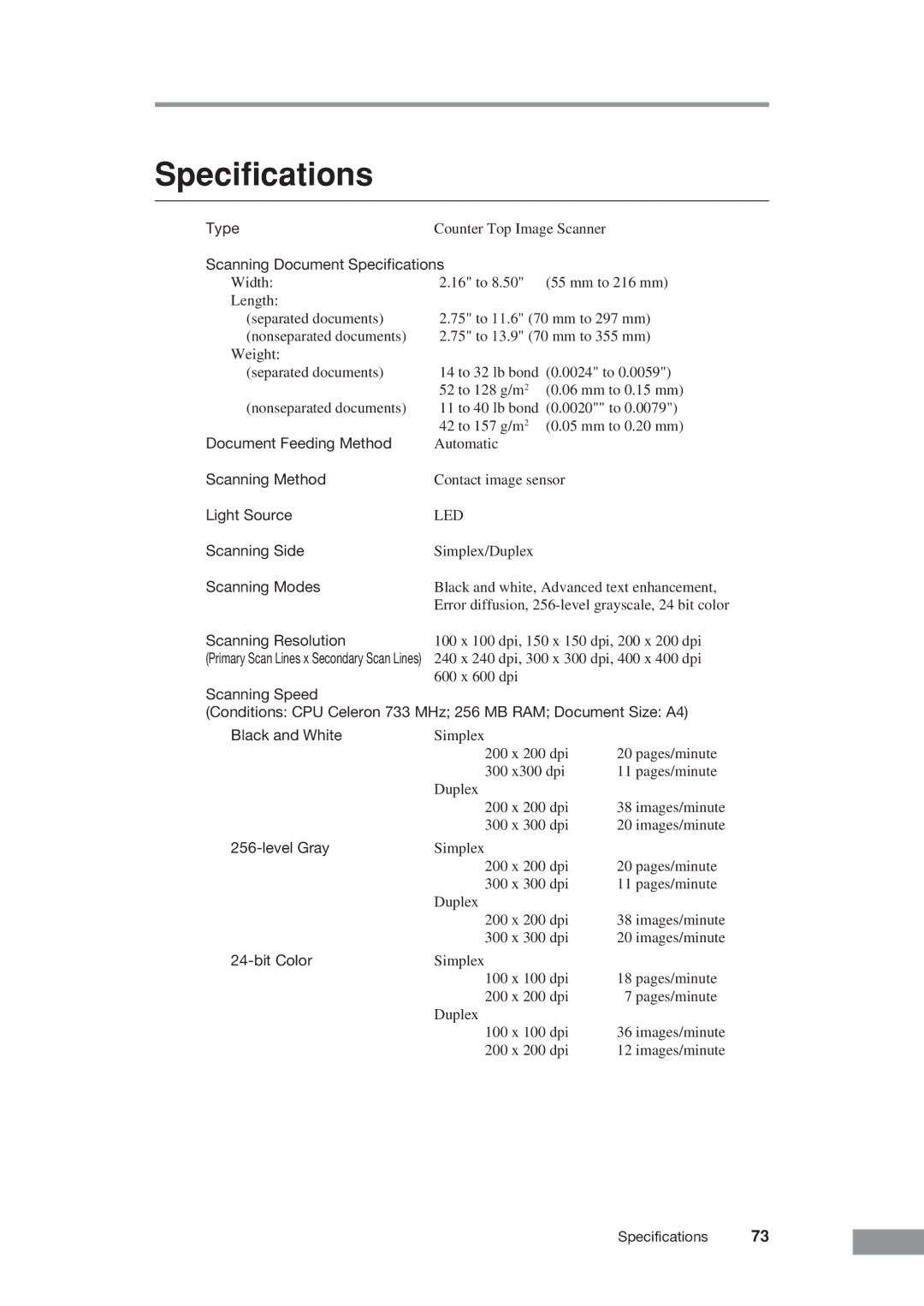 Canon DR-2050C manual Scanning Document Specifications 