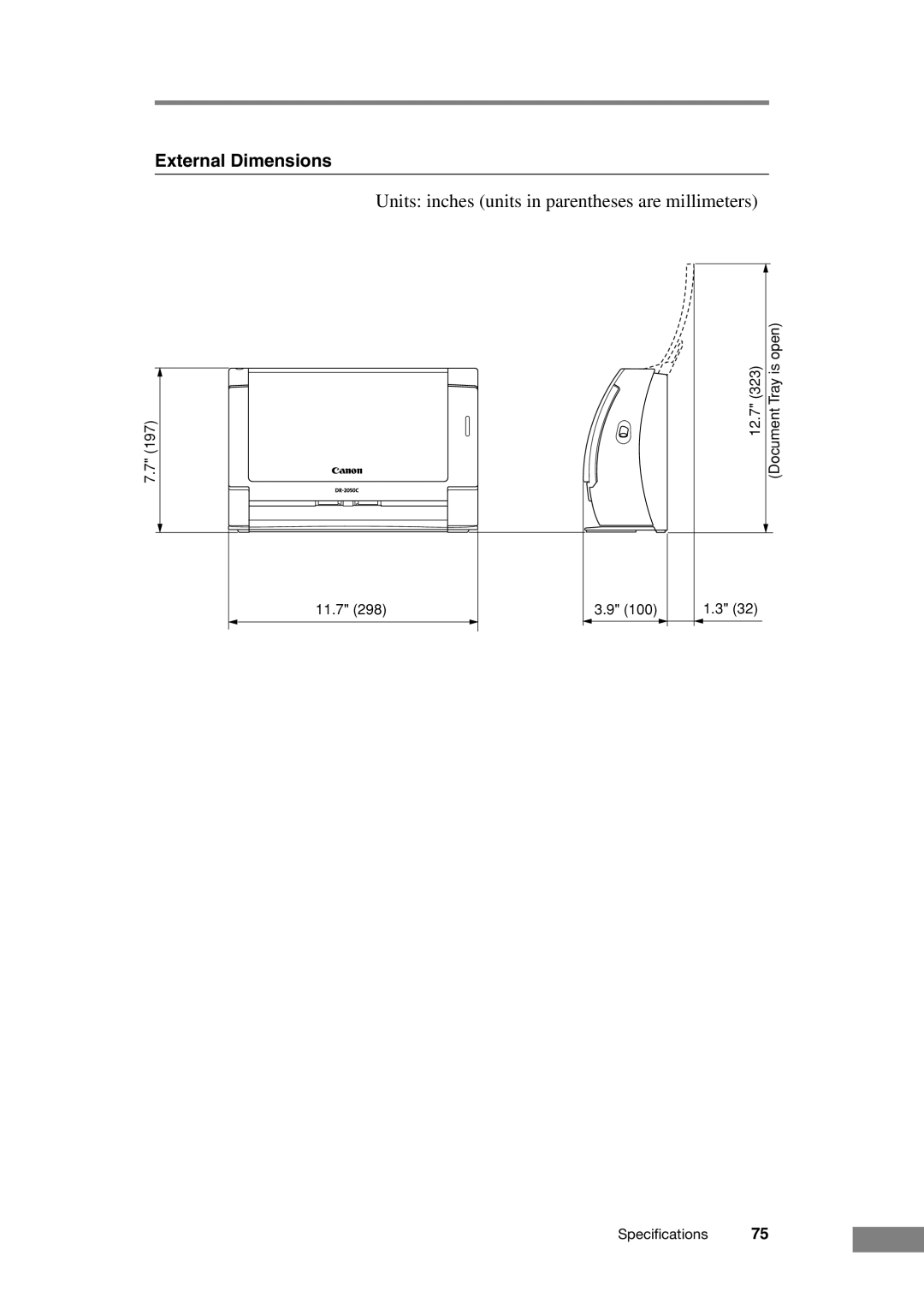 Canon DR-2050C manual Units inches units in parentheses are millimeters 