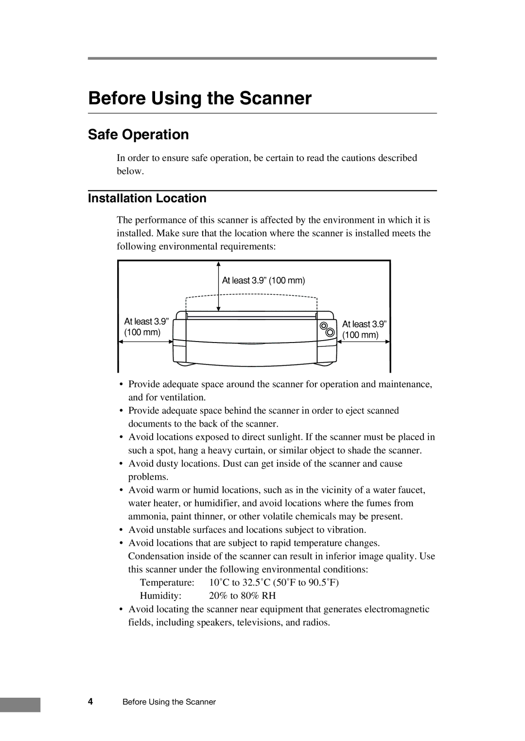 Canon DR-2050C manual Before Using the Scanner, Safe Operation, Installation Location 