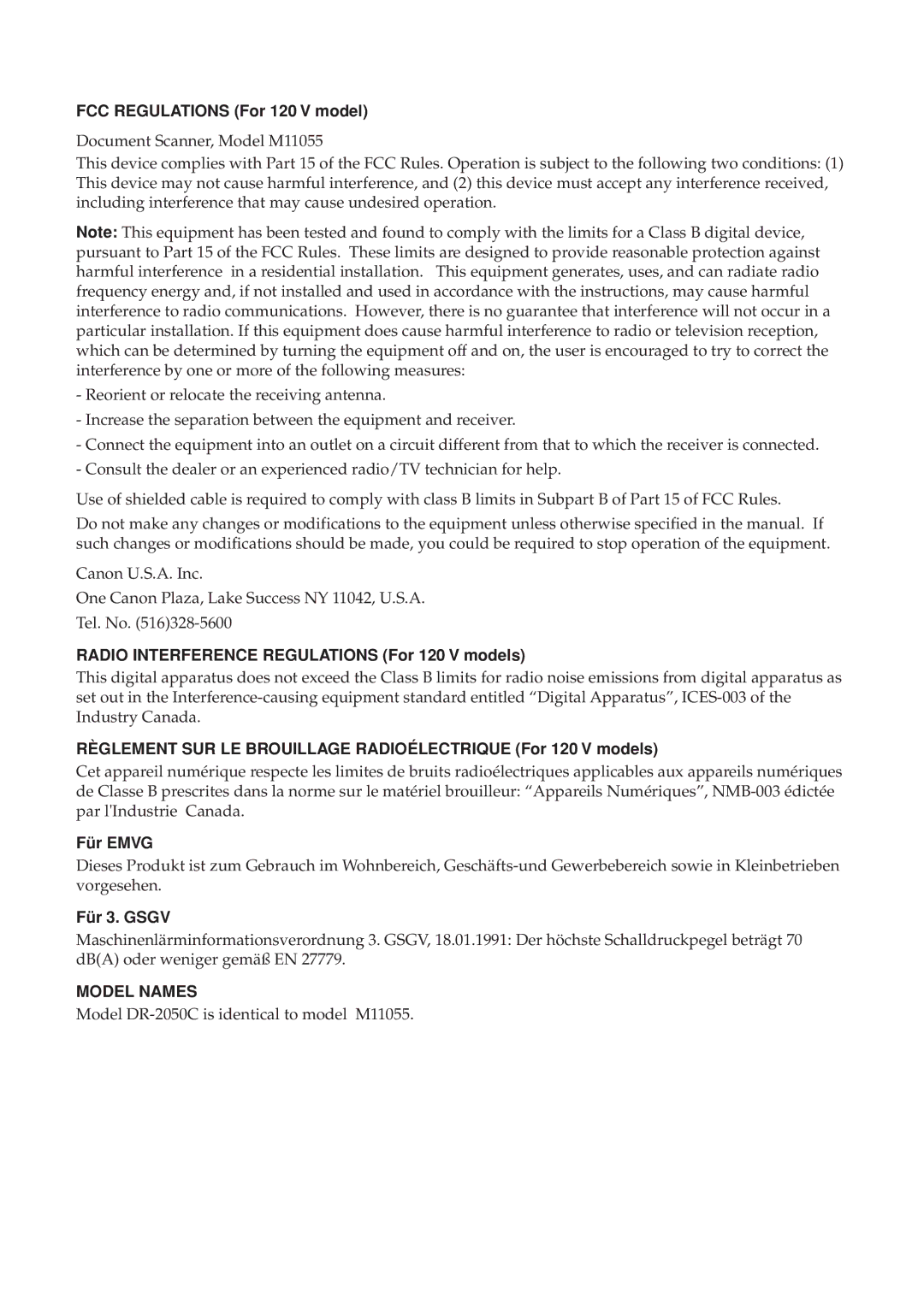 Canon DR-2050C manual Model Names 