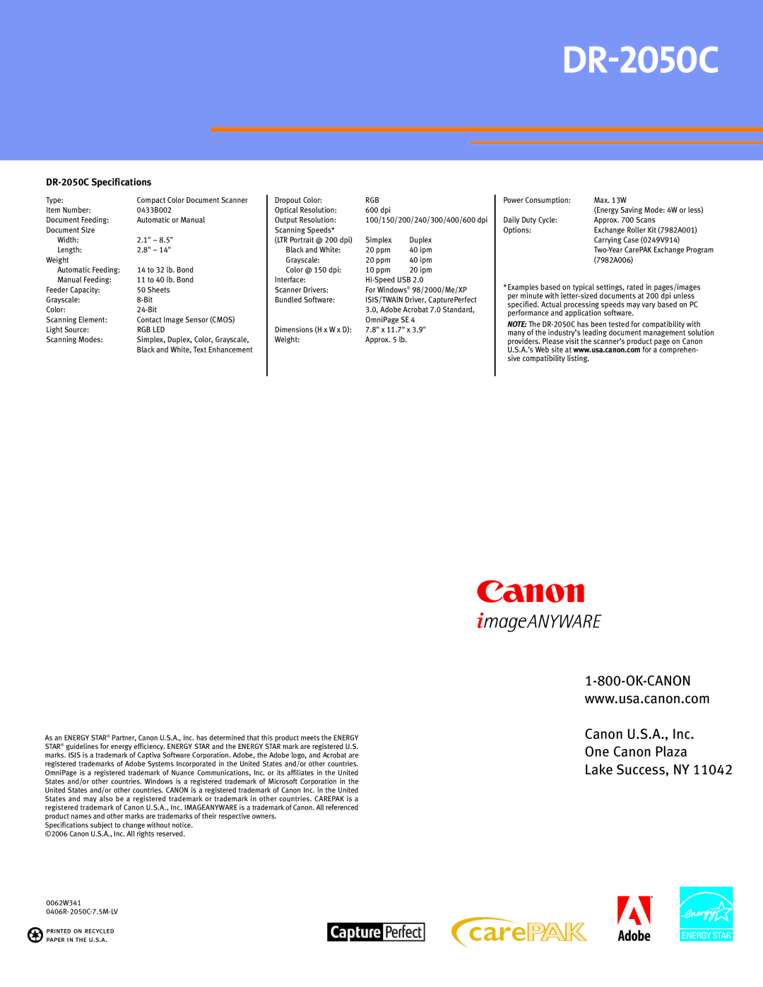 Canon DR-2050C manual Canon U.S.A., Inc One Canon Plaza Lake Success, NY 