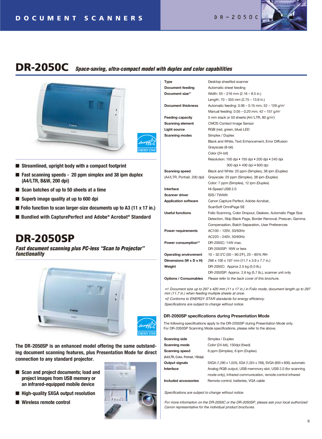 Canon DR-1210C, DR-2050SP manual Document size, Document thickness, Feeding capacity, Power consumption, Output signals 