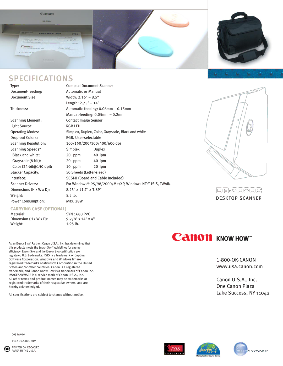 Canon DR-2080C manual Specifications 