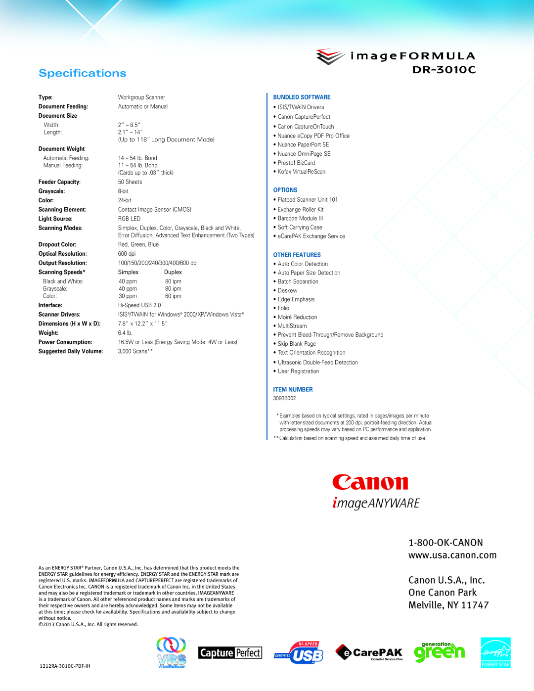 Canon DR-3010C manual Specifications 