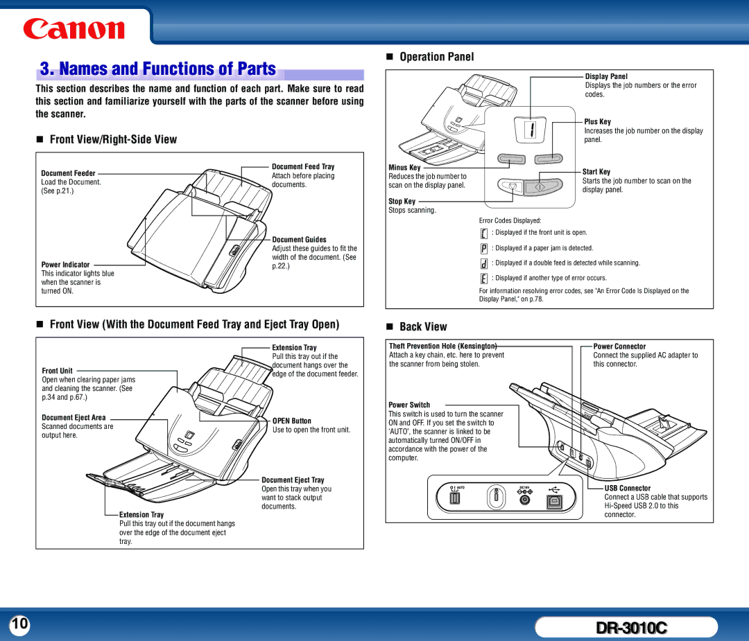 Canon DR-3010C user manual Names and Functions of Parts, „ Front View/Right-Side View „ Operation Panel 