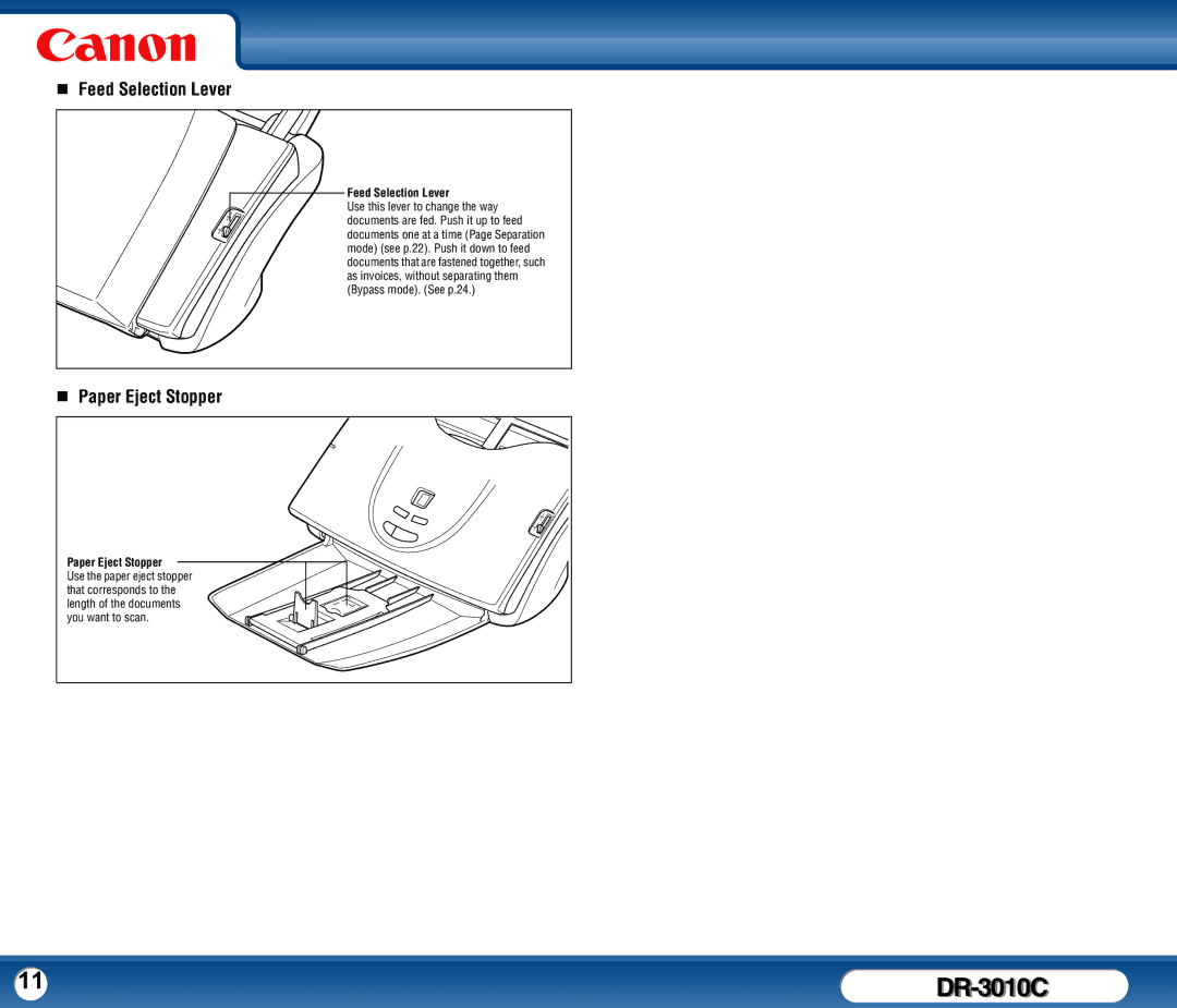 Canon DR-3010C user manual „ Feed Selection Lever, „ Paper Eject Stopper 