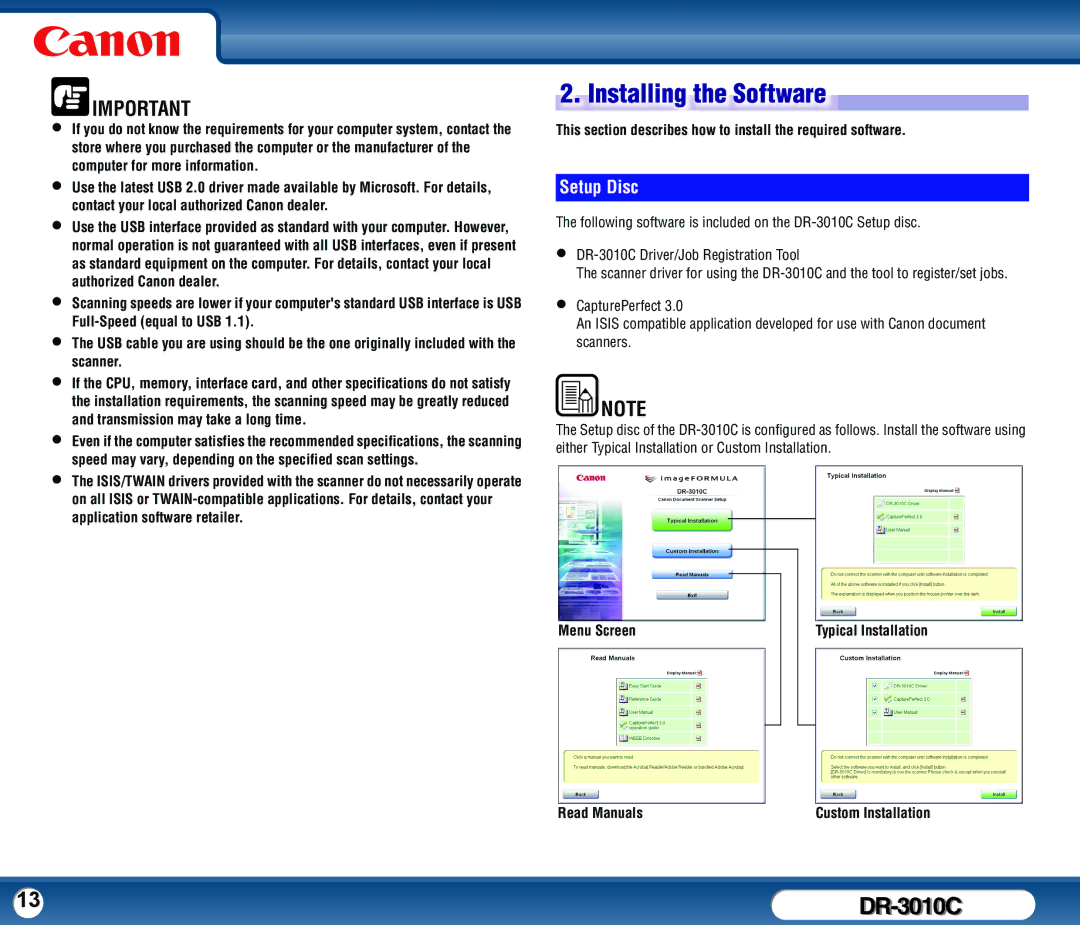 Canon DR-3010C user manual Installing the Software, Setup Disc, This section describes how to install the required software 