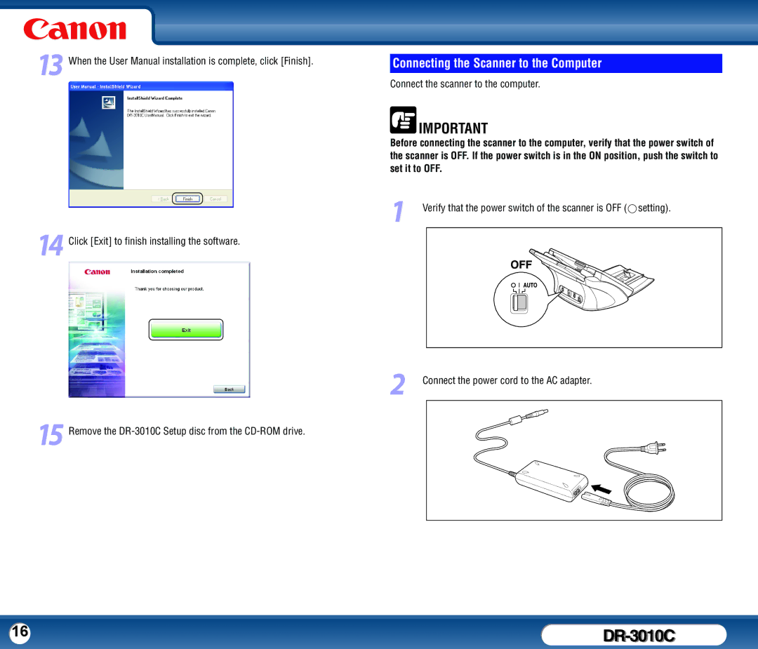 Canon DR-3010C user manual Connecting the Scanner to the Computer, Connect the scanner to the computer 