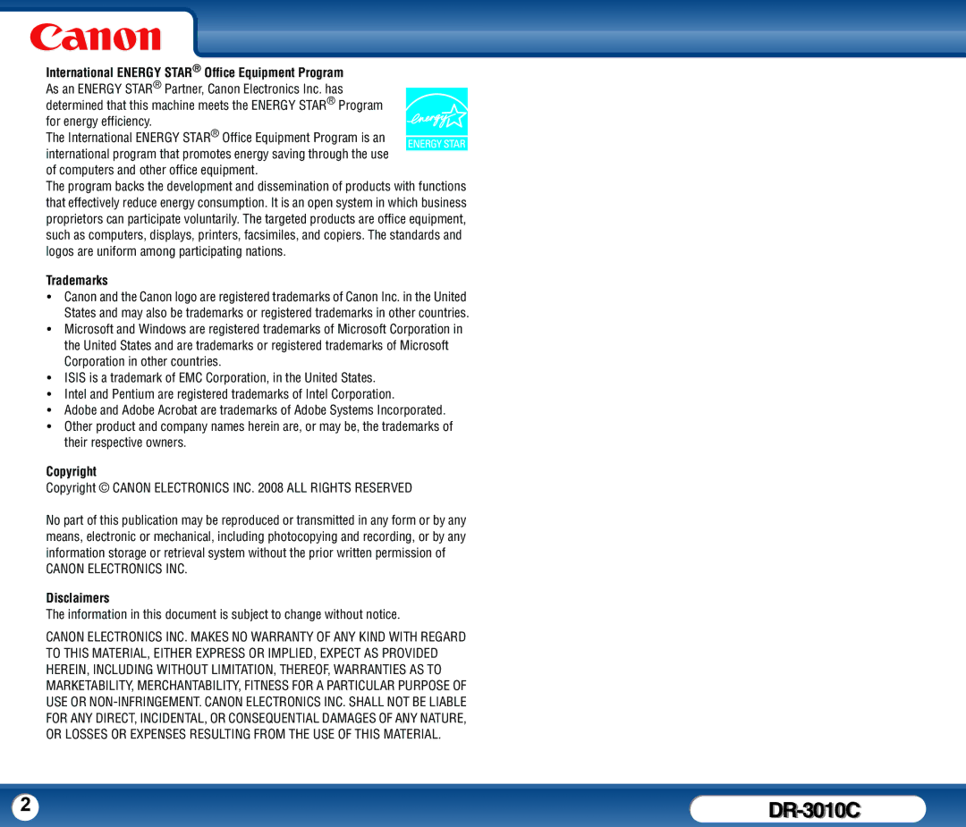 Canon DR-3010C user manual International Energy Star Office Equipment Program, Trademarks, Copyright, Disclaimers 