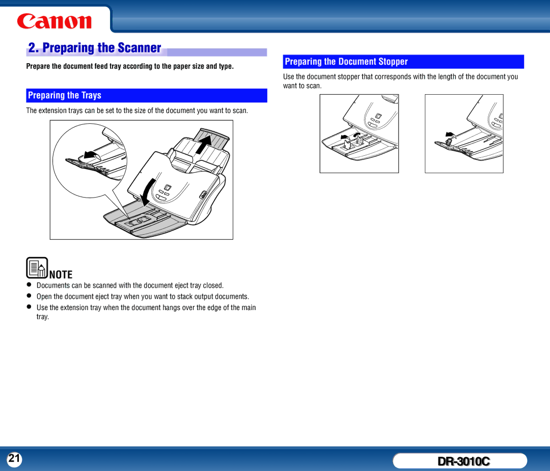 Canon DR-3010C user manual Preparing the Scanner, Preparing the Trays, Preparing the Document Stopper 