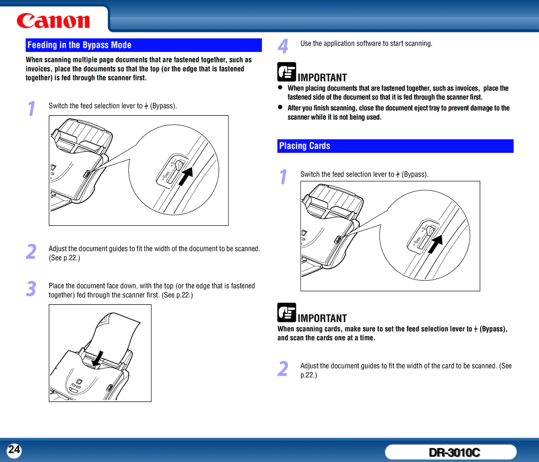 Canon DR-3010C user manual Feeding in the Bypass Mode, Placing Cards, Switch the feed selection lever to Bypass 