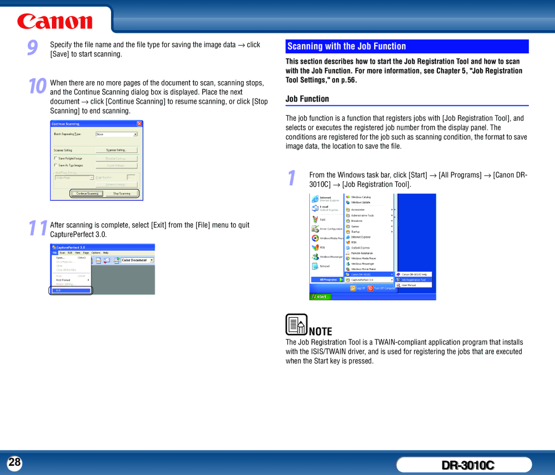 Canon DR-3010C user manual Scanning with the Job Function 