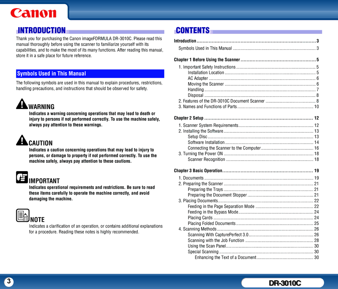 Canon DR-3010C user manual Introduction 