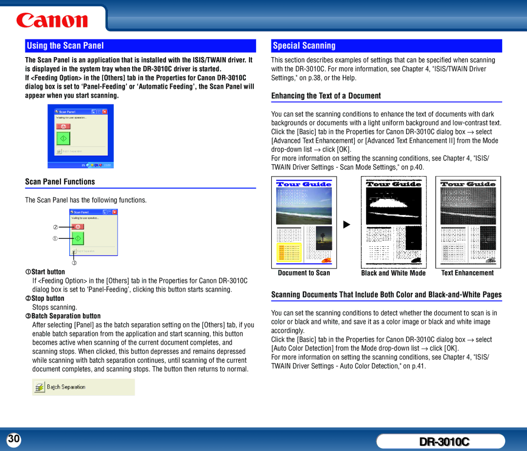 Canon DR-3010C user manual Using the Scan Panel, Special Scanning, Scan Panel Functions, Enhancing the Text of a Document 