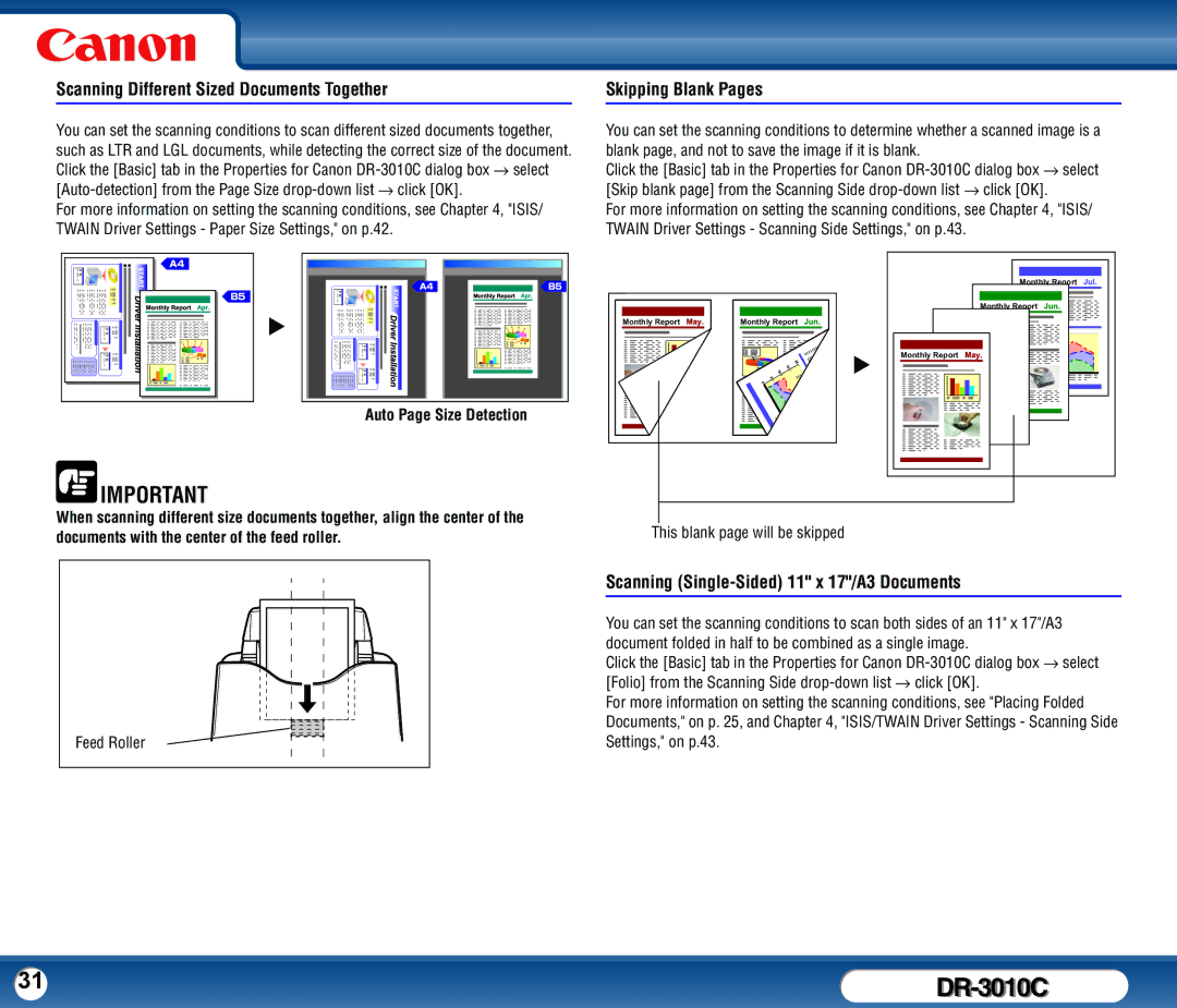 Canon DR-3010C user manual Scanning Different Sized Documents Together, Skipping Blank Pages, Auto Page Size Detection 