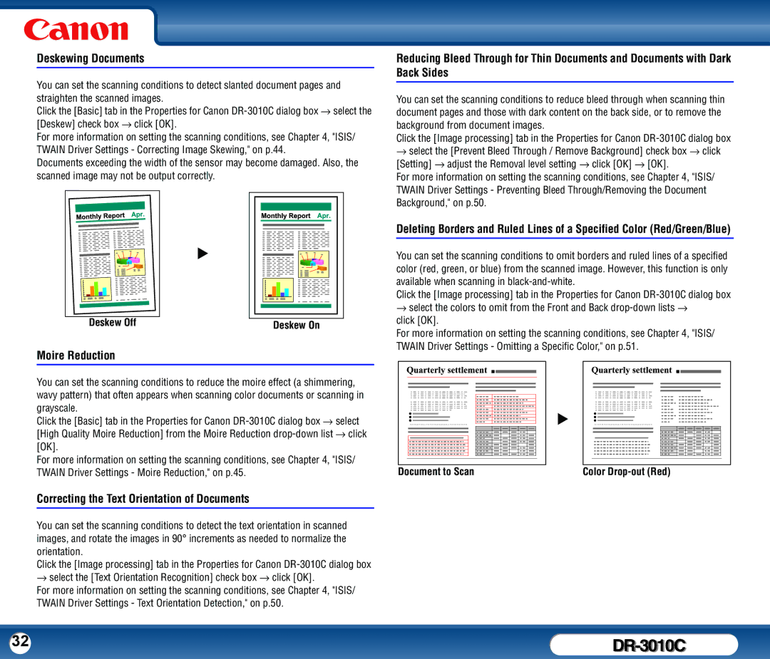 Canon DR-3010C Deskewing Documents, Moire Reduction, Correcting the Text Orientation of Documents, Deskew Off Deskew On 