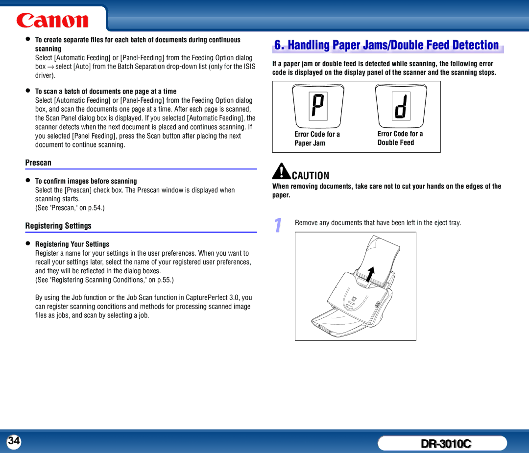 Canon DR-3010C user manual Prescan, Registering Settings 